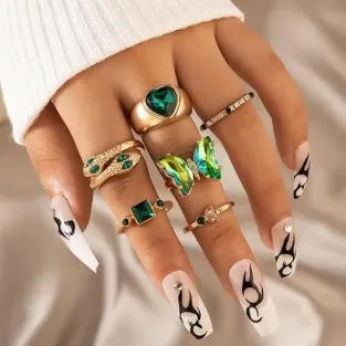 Green Emerald Crystal Butterfly Heart Snake Finger Ring (6 pcs)